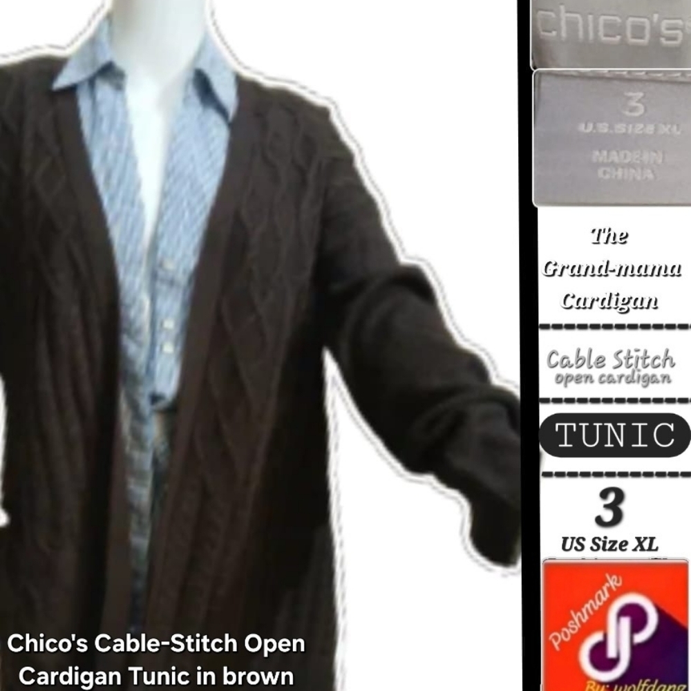 Chico's "the substitute teacher" Cable Stitch Open Cardigan Tunic in brown - XL